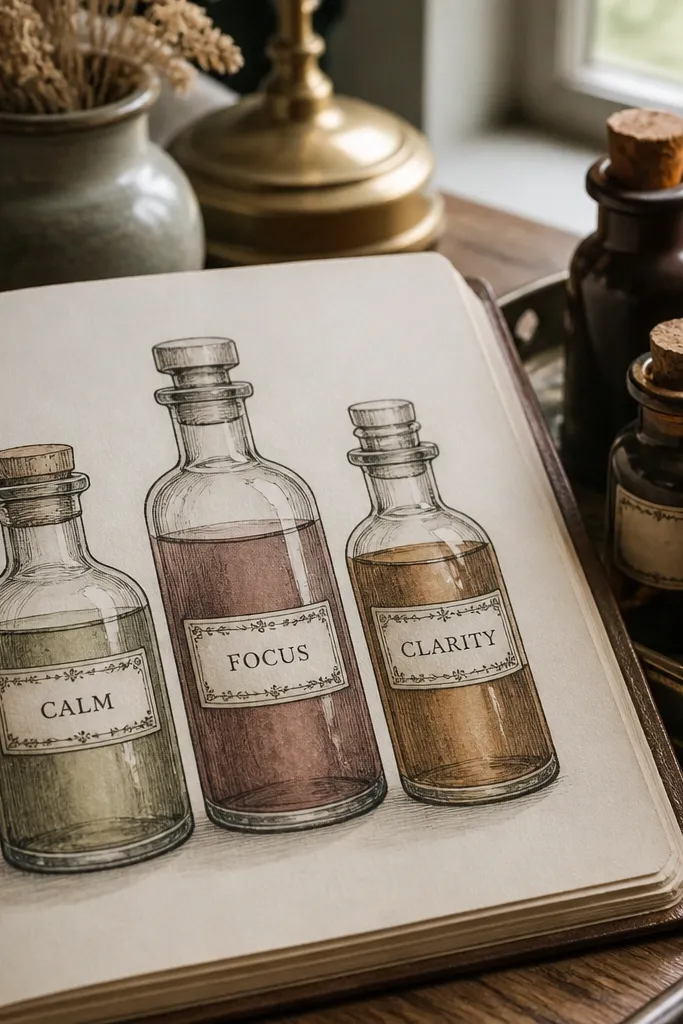 Three small glass bottles with handwritten labels and muted green ink accents
