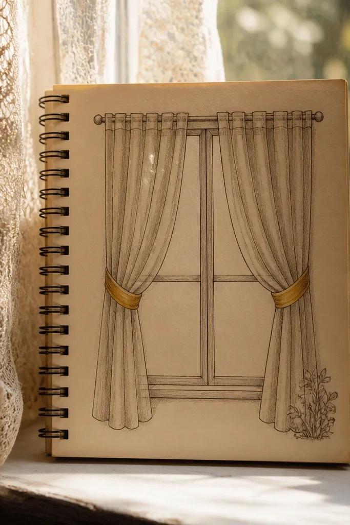 A simple window frame with two curtain panels drawn in soft sepia tones