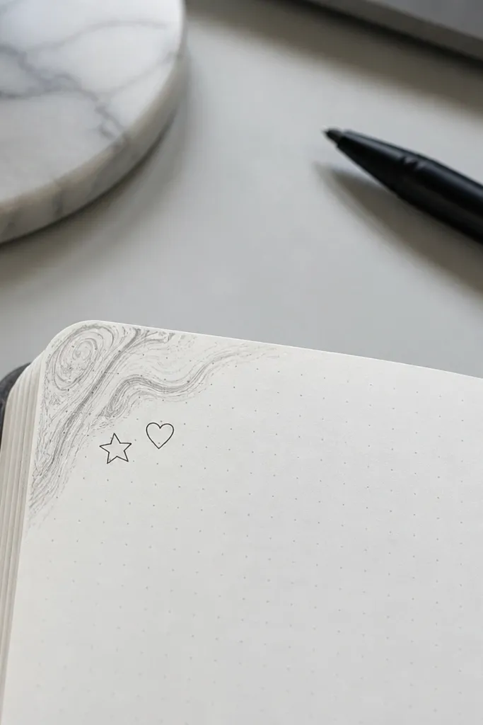 A journal page corner with marble swirls and tiny icons like a star and heart