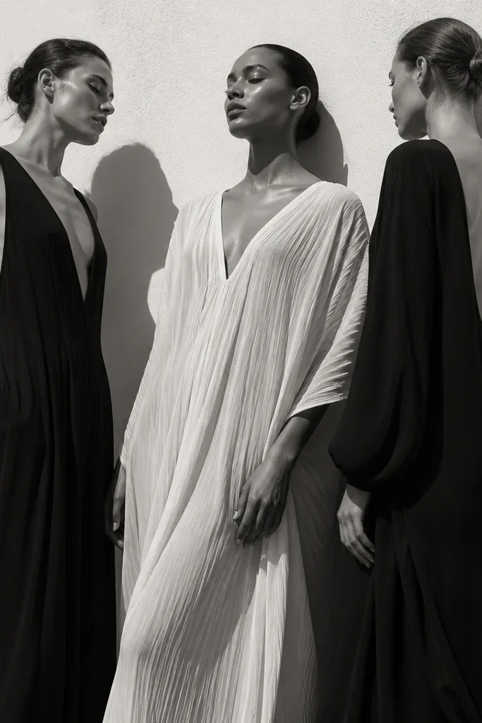 Three simple monochrome fashion silhouettes with flowing lines and a clean white background