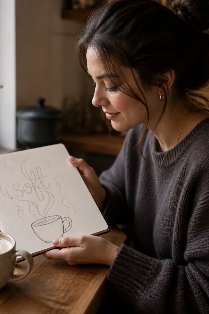A coffee cup outline with steam forming cursive loops on a warm paper background