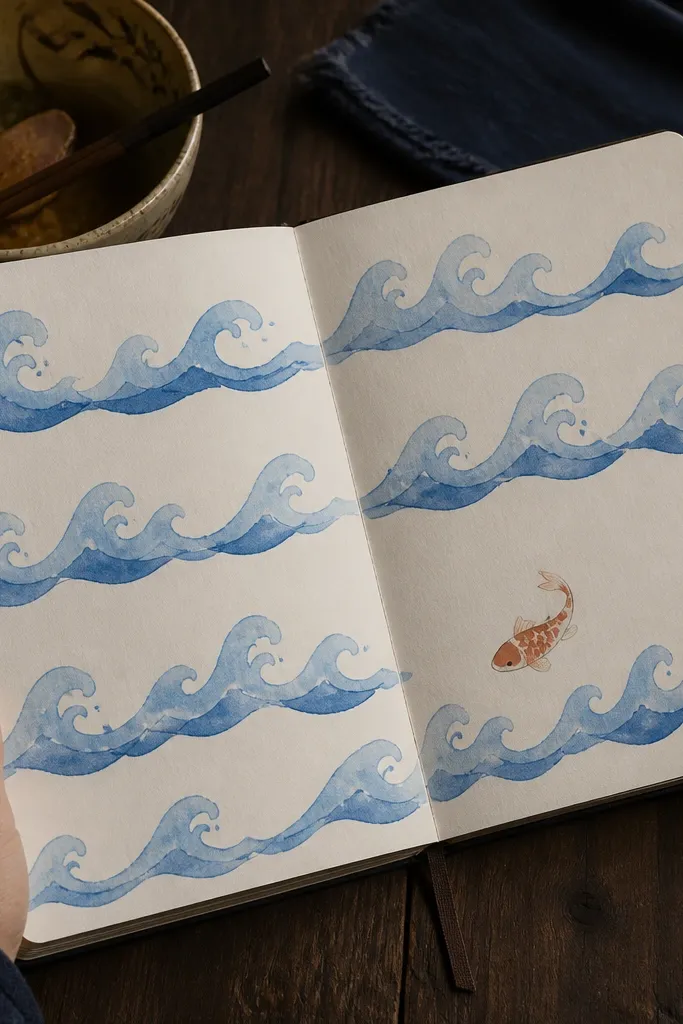 Blue wave pattern across the page with a small koi fish silhouette