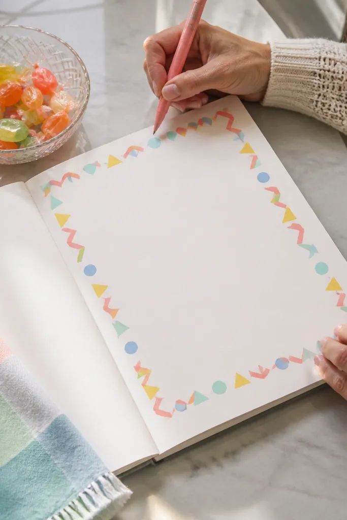 A page border made of zigzag candy stripes with small cutout shapes