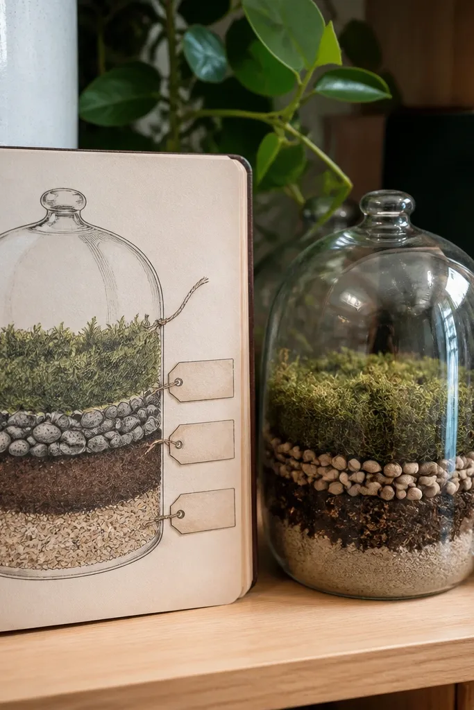 A glass terrarium dome drawn with layered plants and tiny label tags