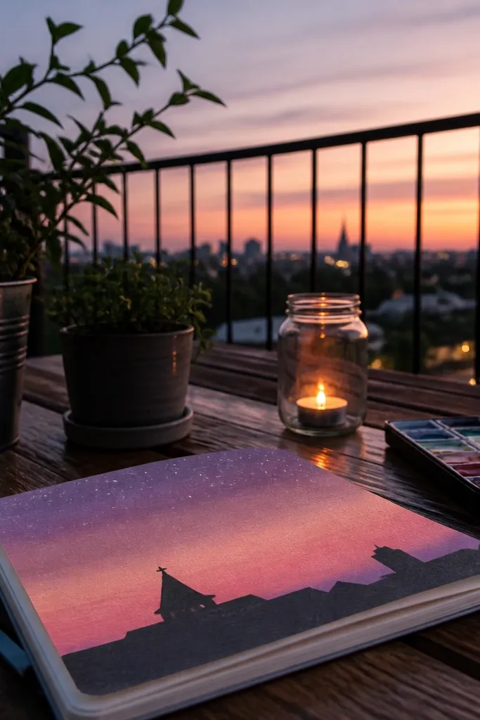 A sunset gradient sky with a dark skyline silhouette and small stars
