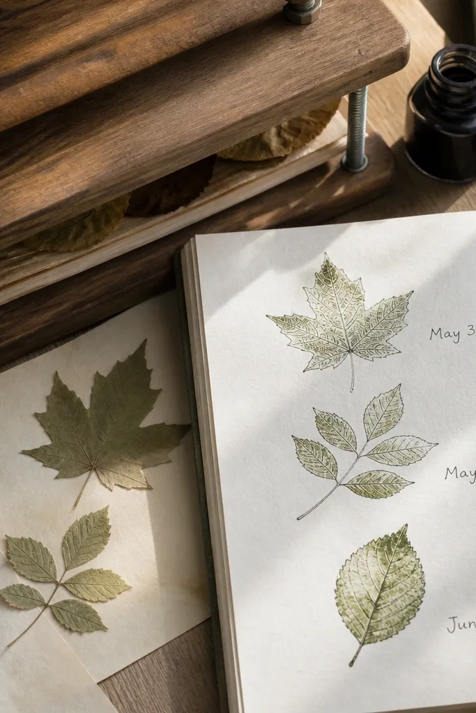 Two simple leaf outlines stamped with a light green ink and small handwritten dates