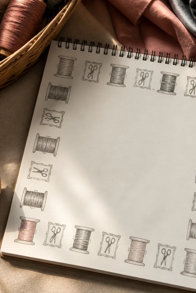 Hand-drawn thread spools linked by thin lines with small scissor frames