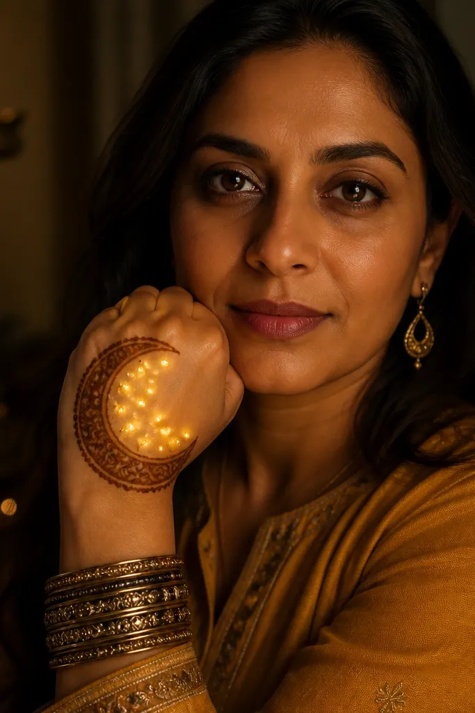 Crescent mehndi frame with tiny diya dots near knuckles and a glowing arc