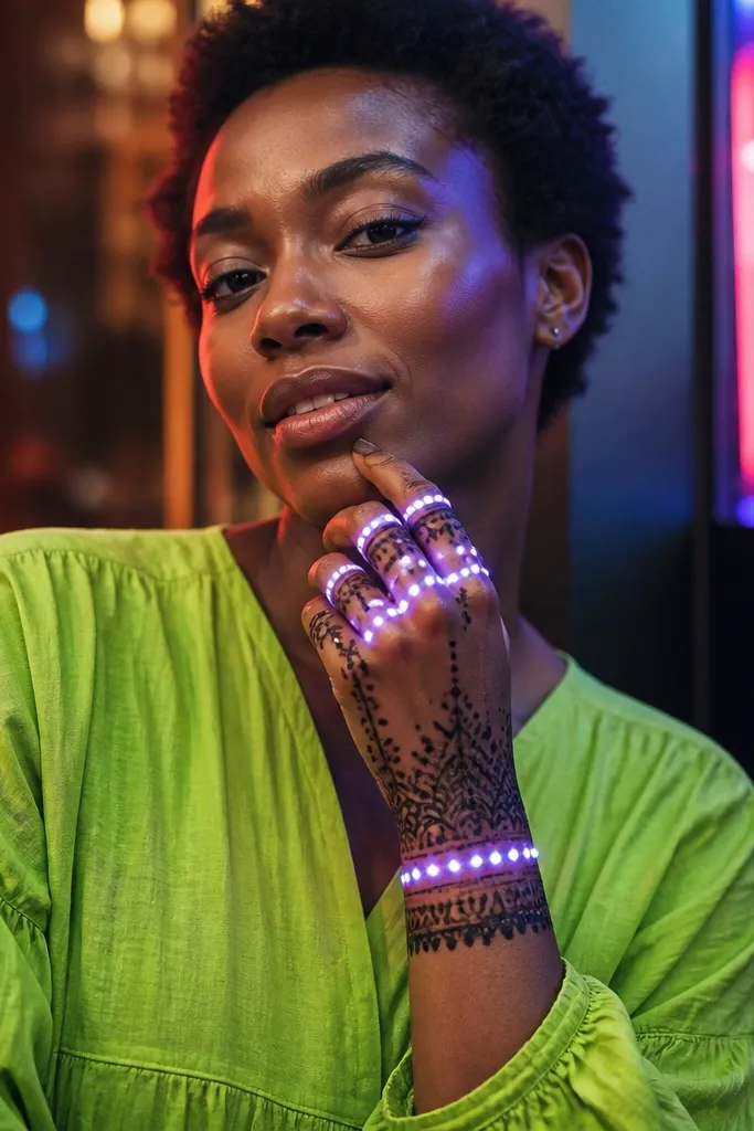 Bracelet band across wrist with knuckle arches and small light points along lines