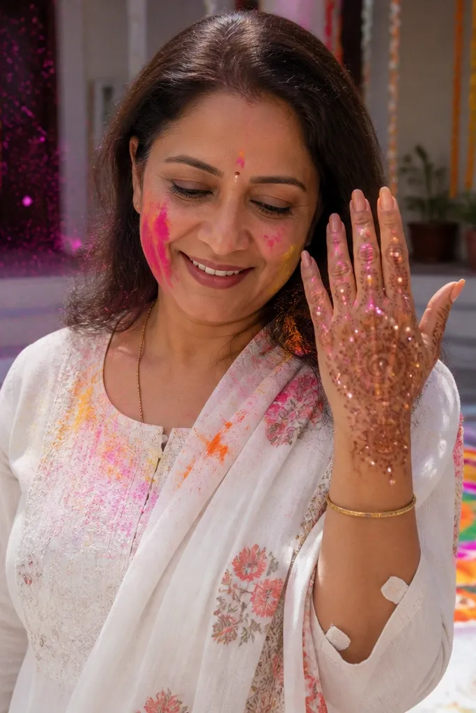 Back hand with scattered dot clusters and a thin border with light beads in gaps