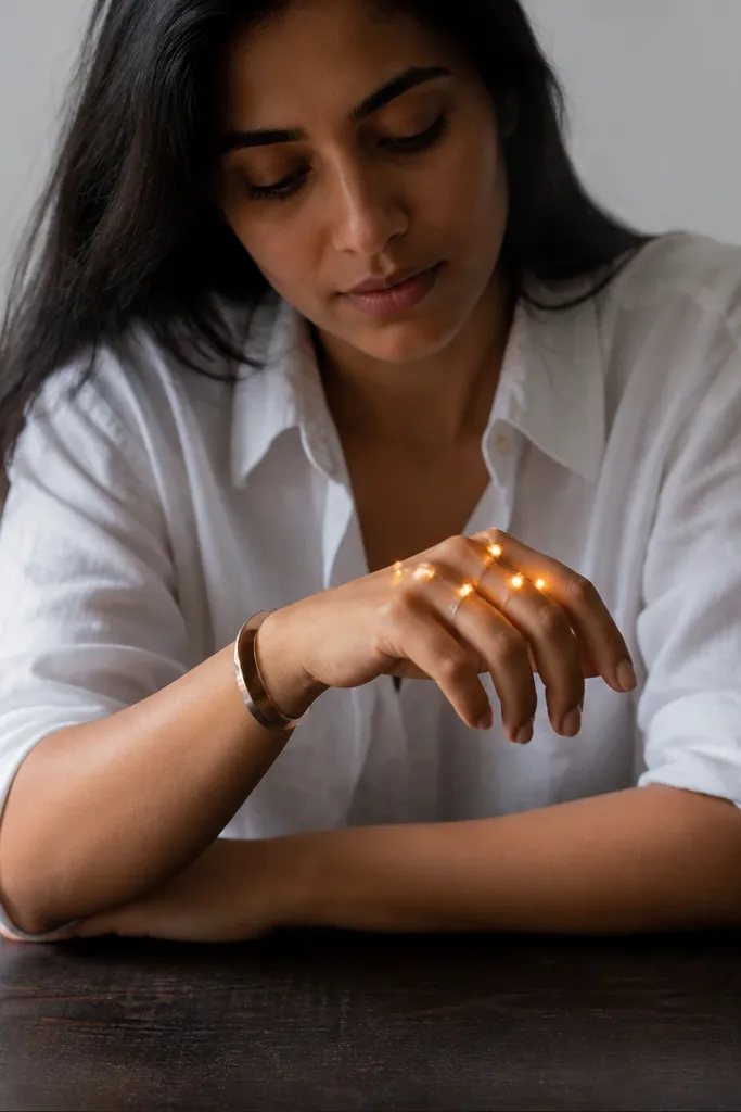 Minimal back hand mehndi with thick wrist bracelet band and LED points on knuckles
