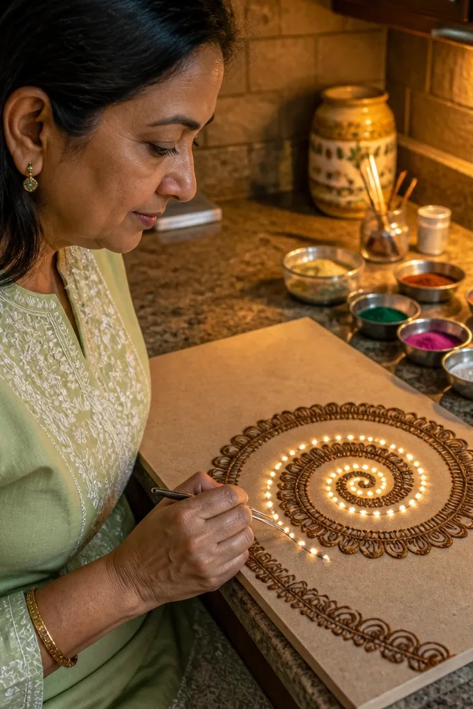Spiral motif on back hand with empty center and a glowing line following the spiral