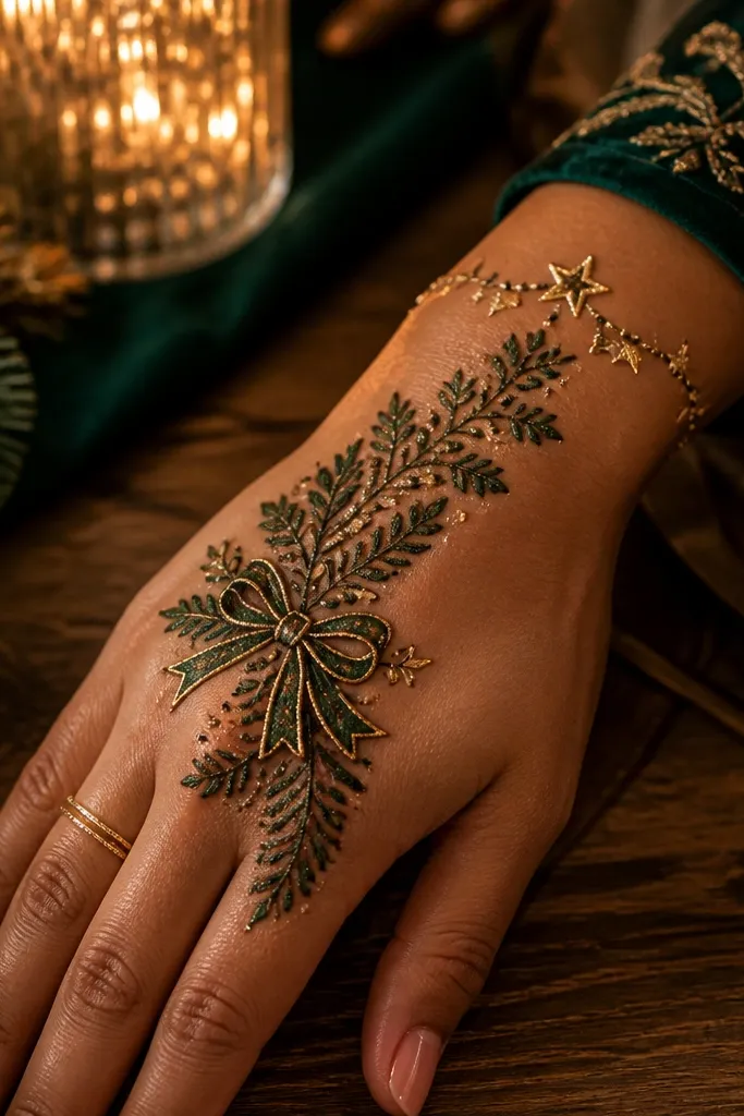 Christmas bow motif on back hand with leaf garland and star lights near wrist band