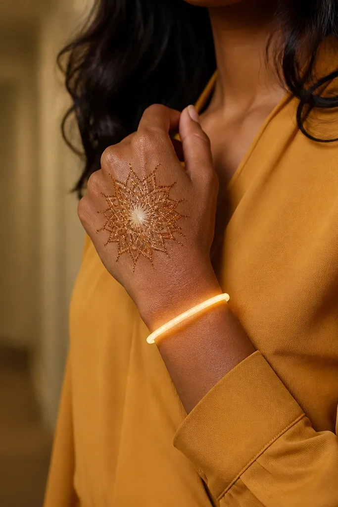 Starburst rays with a mandala center and a glowing ring line at wrist