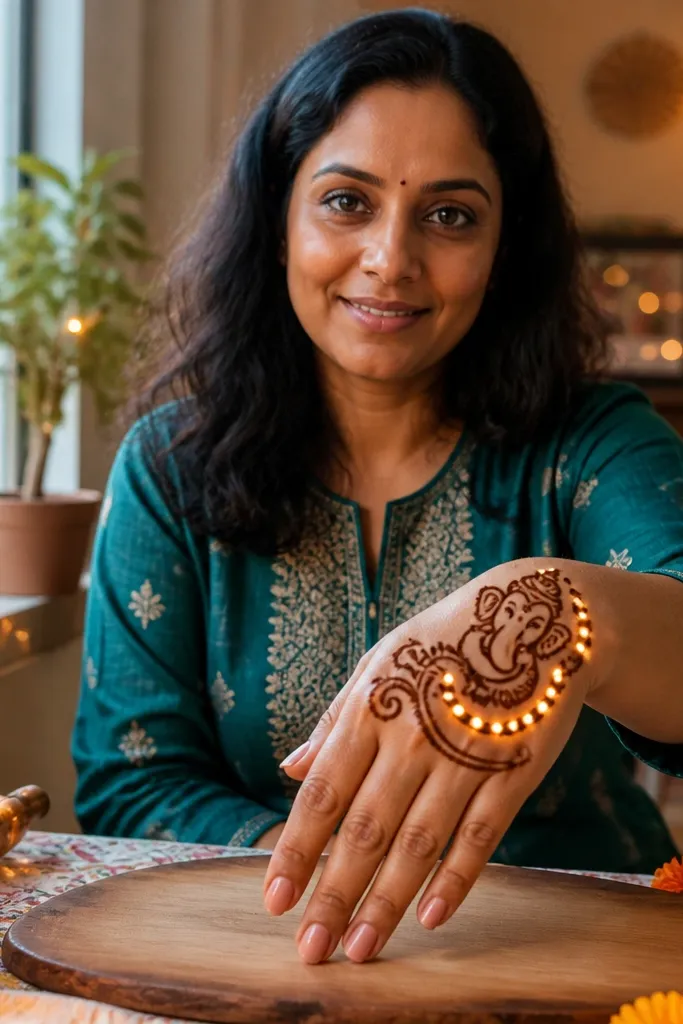 Om swirl on back hand with small lantern dots and LED points forming a halo