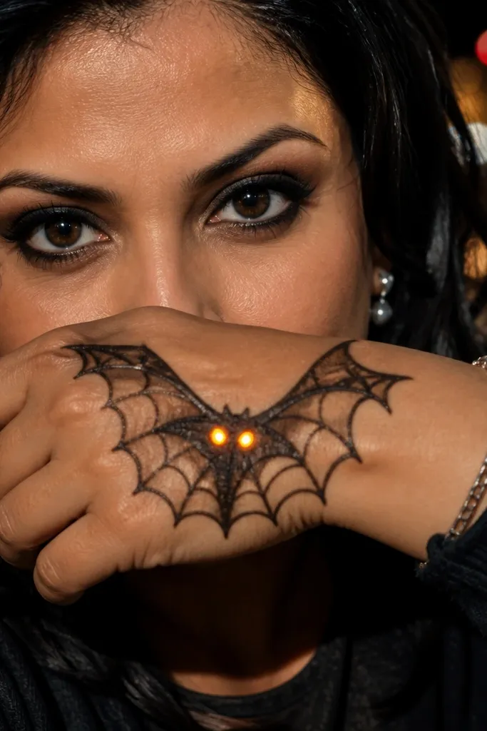 Bat-wing shape border on back hand with two small glowing eye points