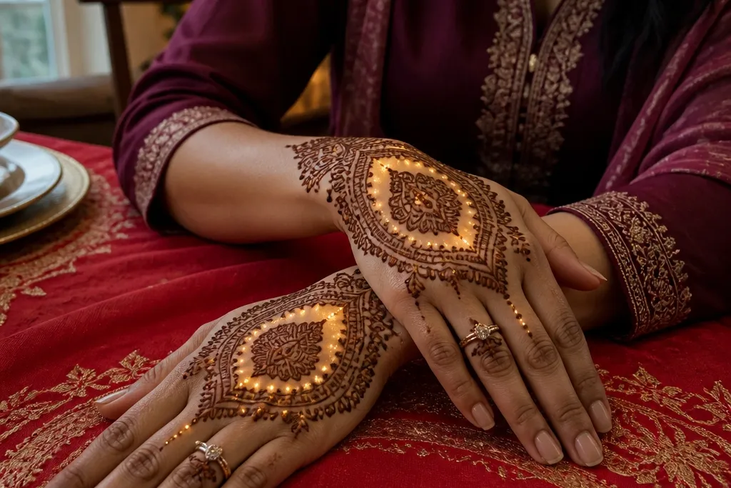 Themed Back Hand Mehndi Designs With Lights
