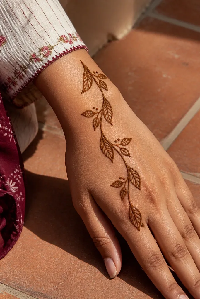 Diagonal vine with three teardrop leaf clusters across the back of the hand