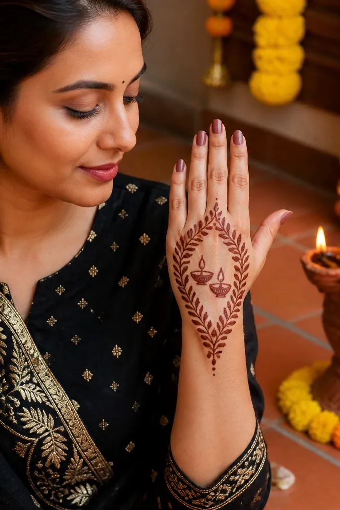 Backhand frame with small leaf vines and two tiny diya shapes near the center