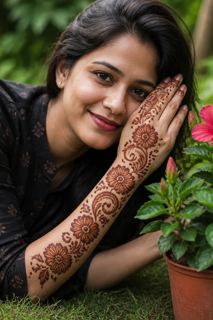 Side swirl with one hibiscus flower and fan-shaped leaf accents on the back of the hand