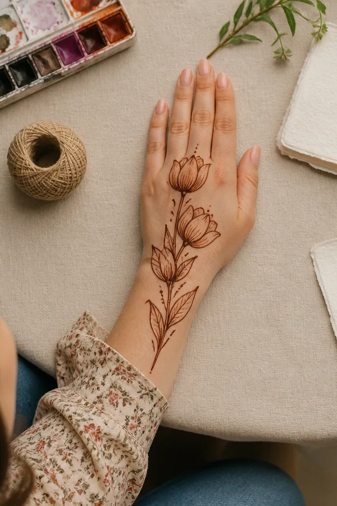 Single stem line with three tulip flowers and small leaf accents on the back of the hand