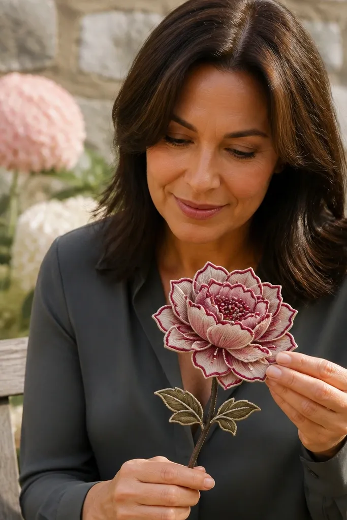 One peony flower with small leaf stem details on the back of the hand