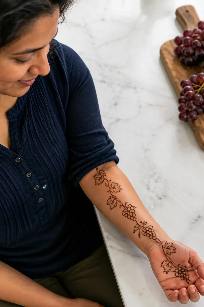 Diagonal grape vine with grape dot clusters on the back of the hand