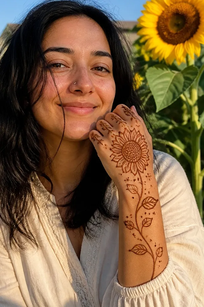 Sunflower-like center with a leaf star around it on the back of the hand