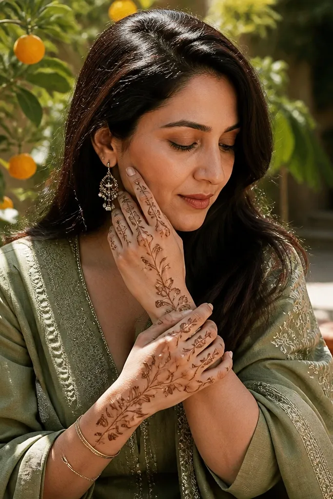 Blossom vine with small citrus flowers and leaf spark accents on the back of the hand
