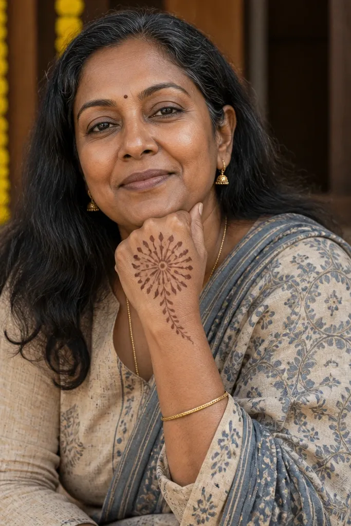 Fan of teardrop leaves radiating from a center dot on the back of the hand