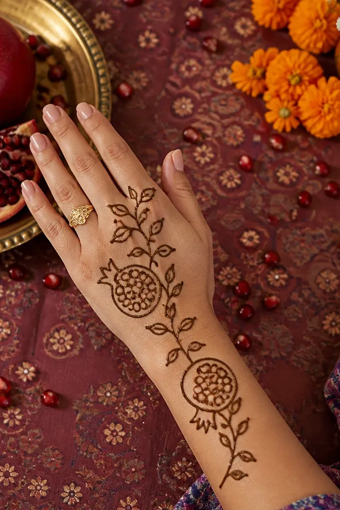 Vine line with small pomegranate-like shapes and seed dots on the back of the hand