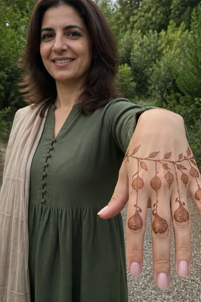 Branch with three hanging leaf drop shapes on the back of the hand