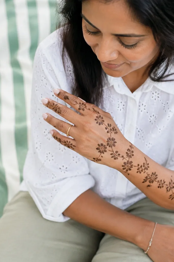 Clover vine pattern with small leaf-only fill across the back of the hand