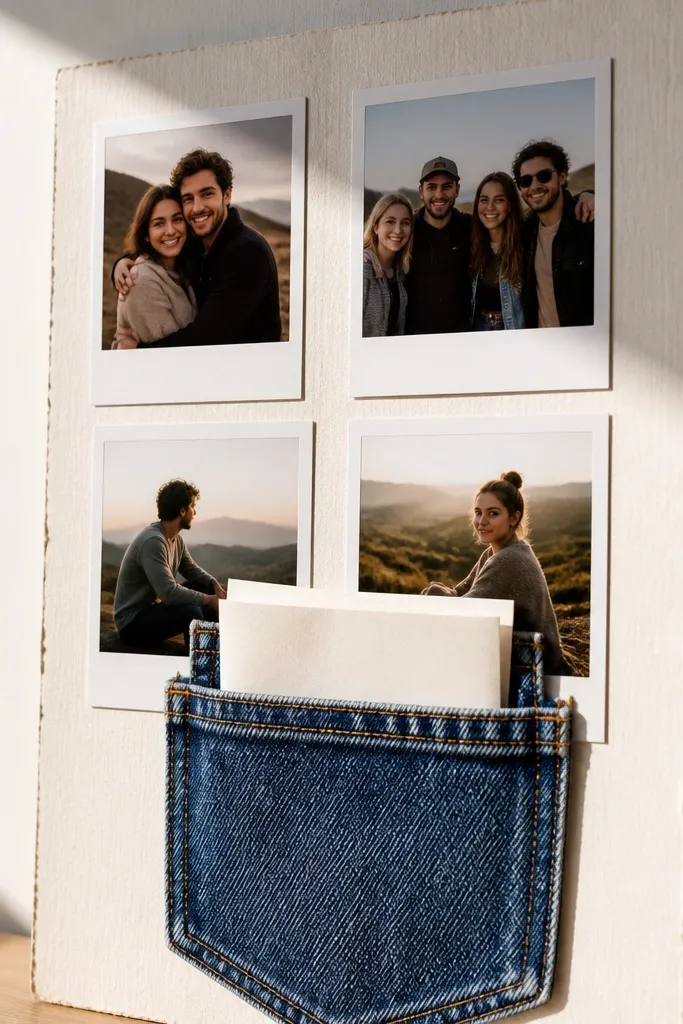 Six polaroid-style photos on a grid with a small denim pocket for notes