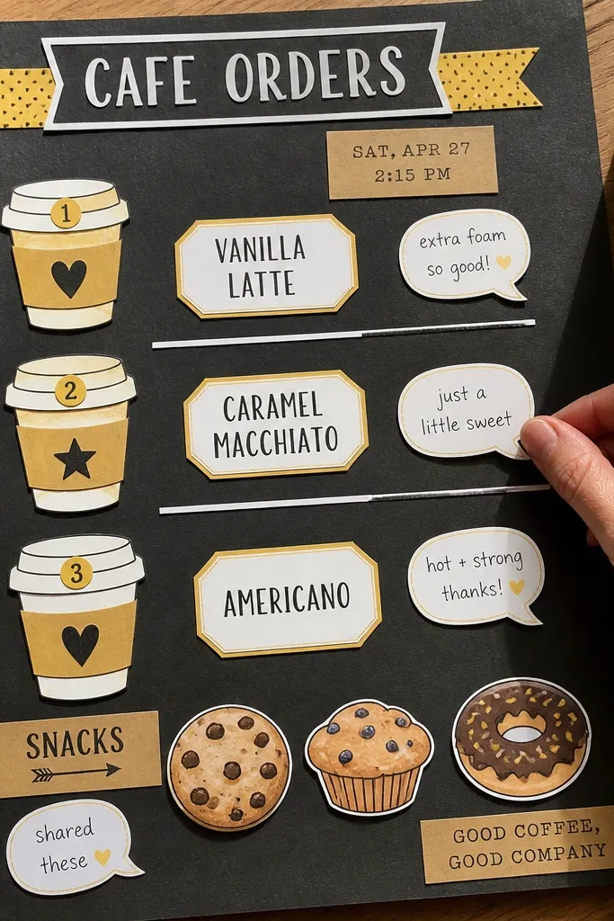A chalkboard-style page with coffee order labels and small sticker menus
