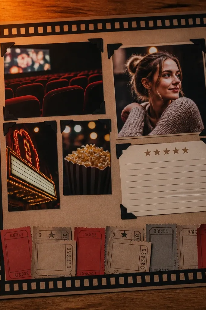 A scrapbook page with a film strip border and ticket-stub cutouts