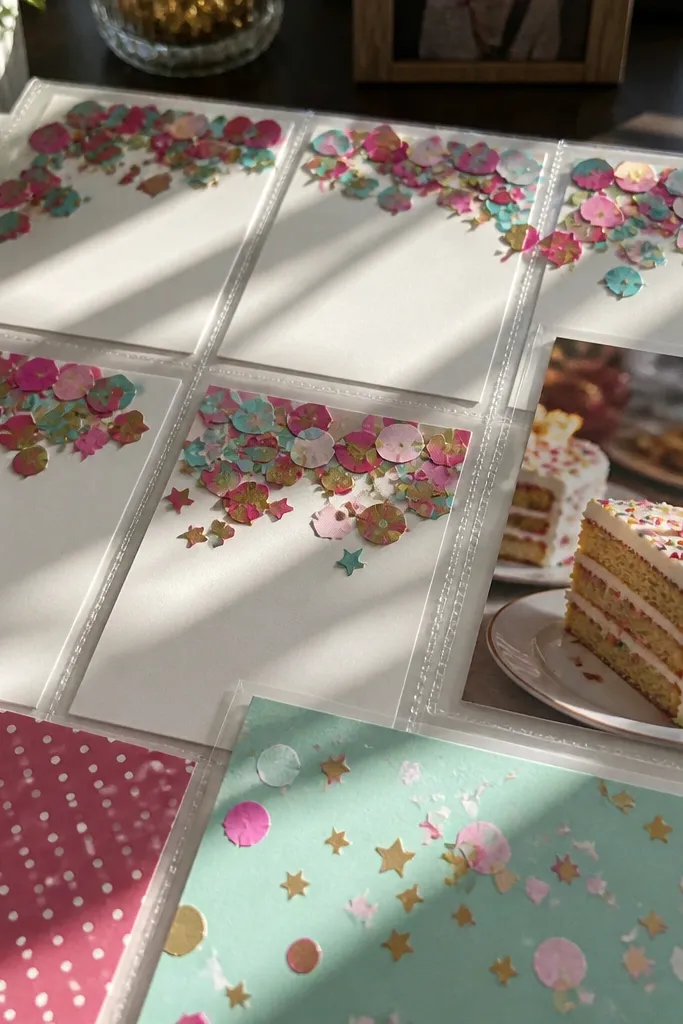 A bright birthday page with confetti shapes and a paper pocket for notes