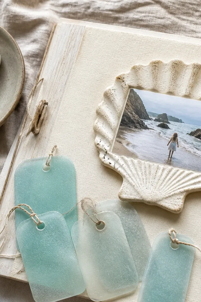A sandy background with a shell-shaped frame and green journaling tags