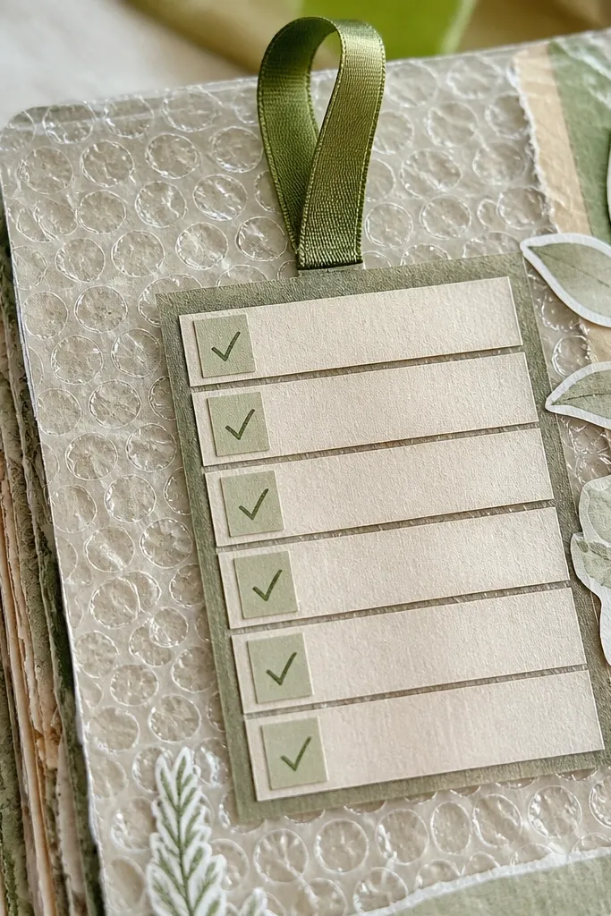 A bubble-wrap textured page with a checklist of self-care items