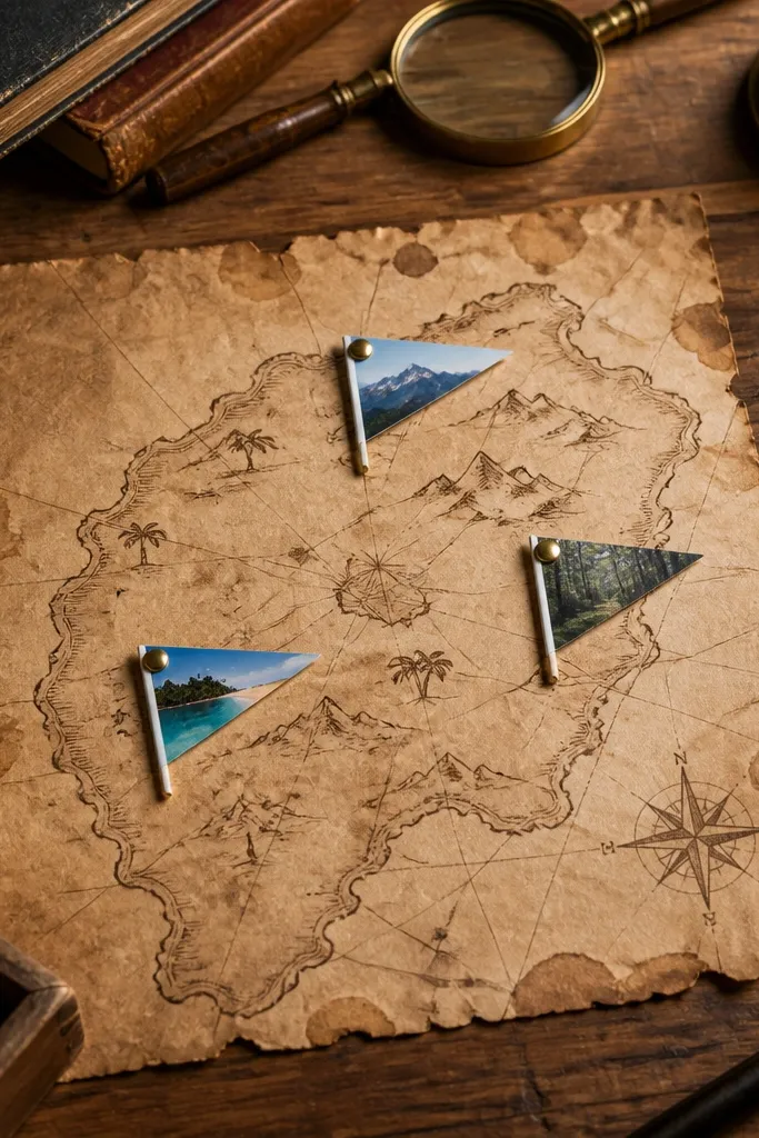 A map-style scrapbook page with small triangle flags marking photos
