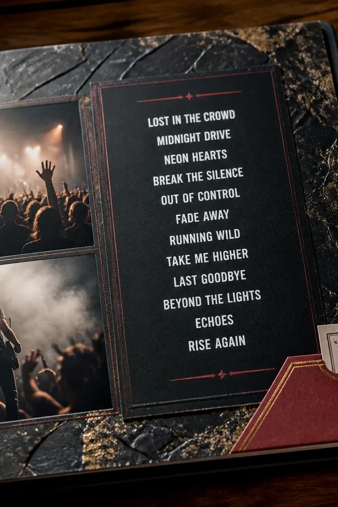 A setlist-style page with crinkled ticket layers and song titles