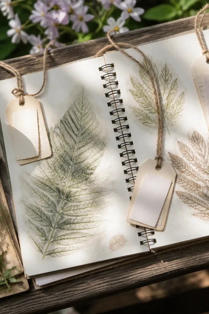 A leafy page with leaf rubbing textures and twine-hung tags