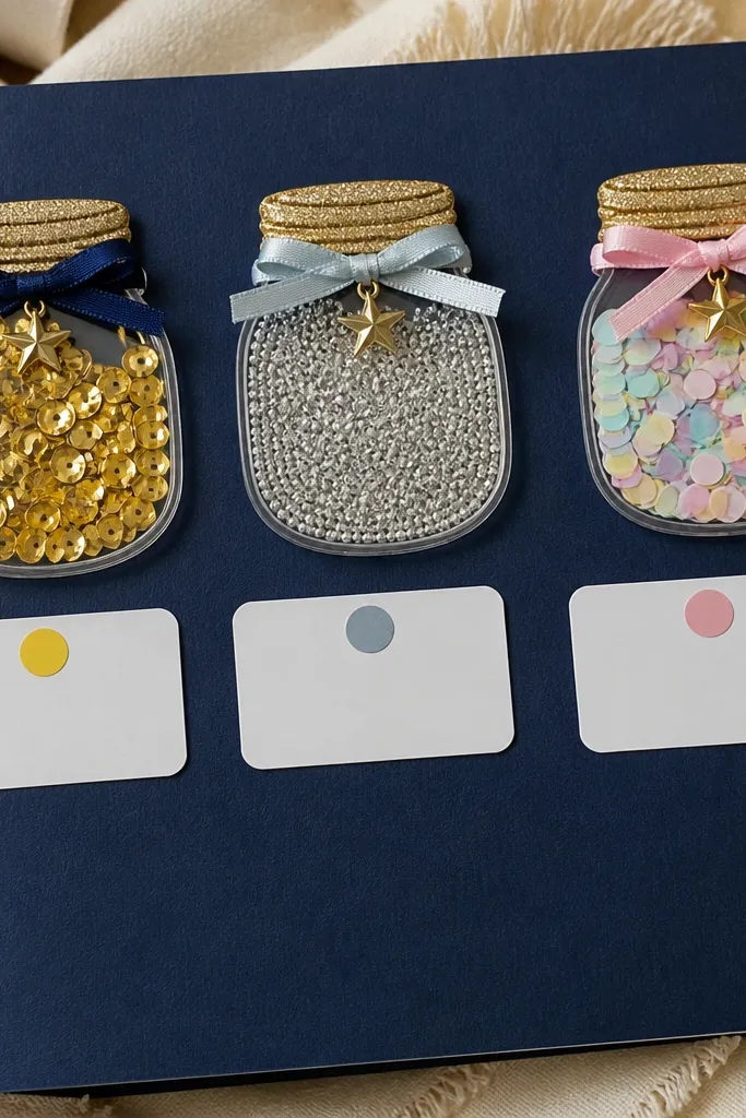 A slumber party page with jar shapes filled with sequins and label stickers