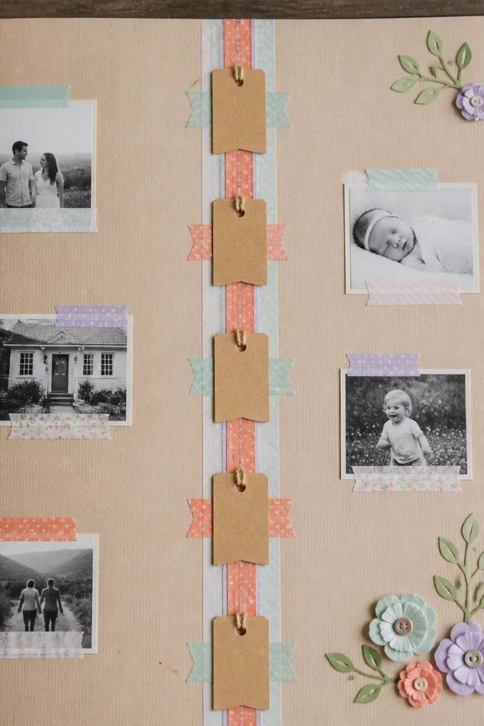 A vertical timeline made of washi tape with milestone tags and photos