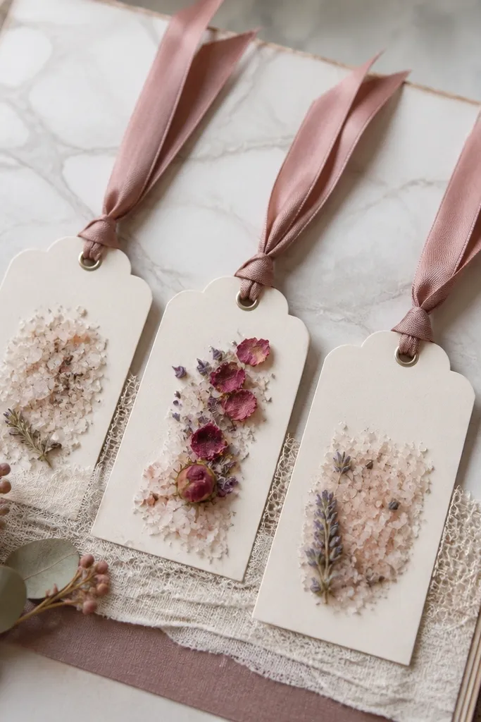 Marble-like tags attached with ribbon loops on a calm pastel page