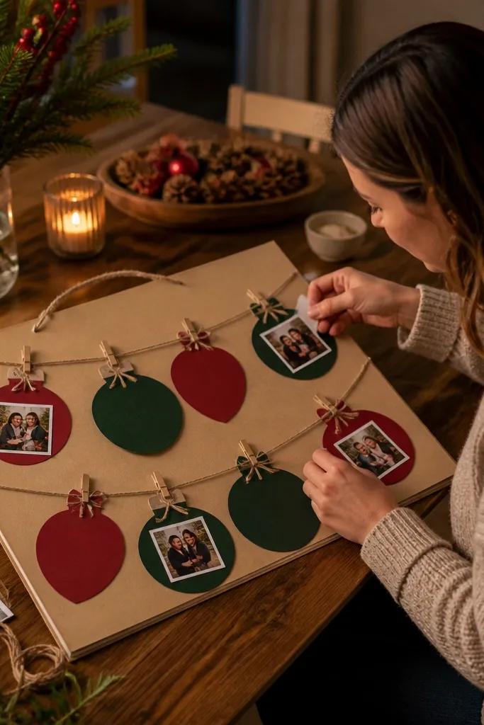 A holiday ornament page with string highlights and -backed ornament shapes