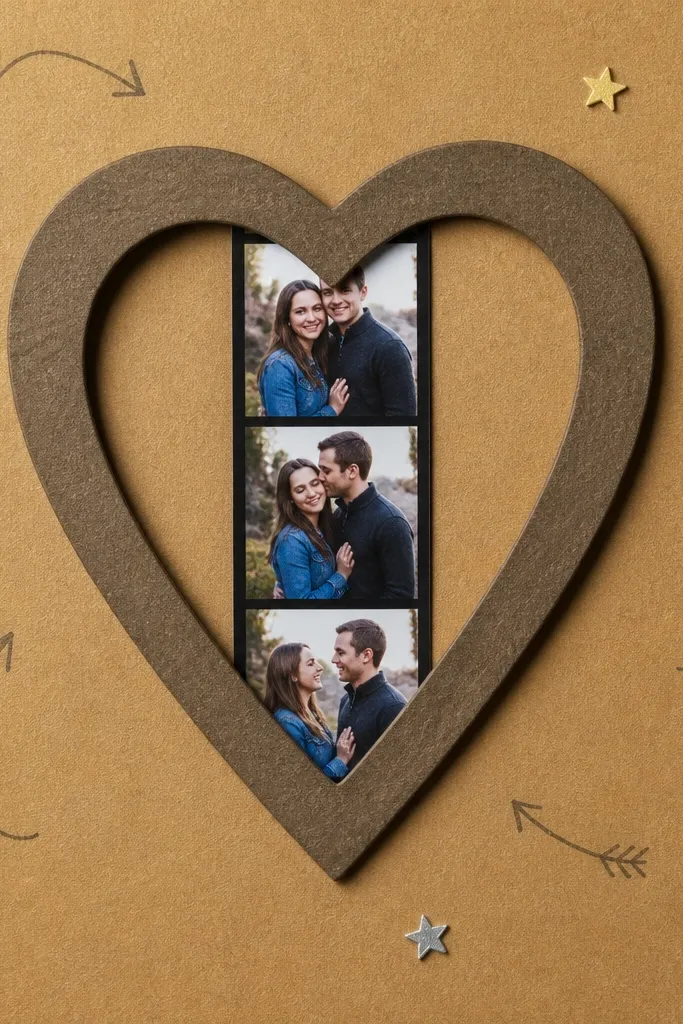 Kraft paper page with a heart-shaped window showing a narrow strip