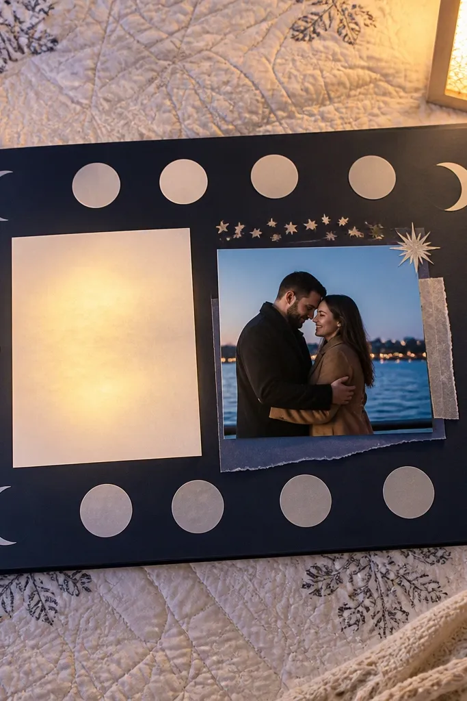 Dark navy page with moon phases and two couple photos