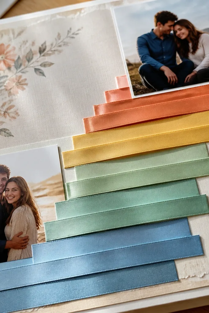 Layered rainbow ribbon strips like steps with two couple photos