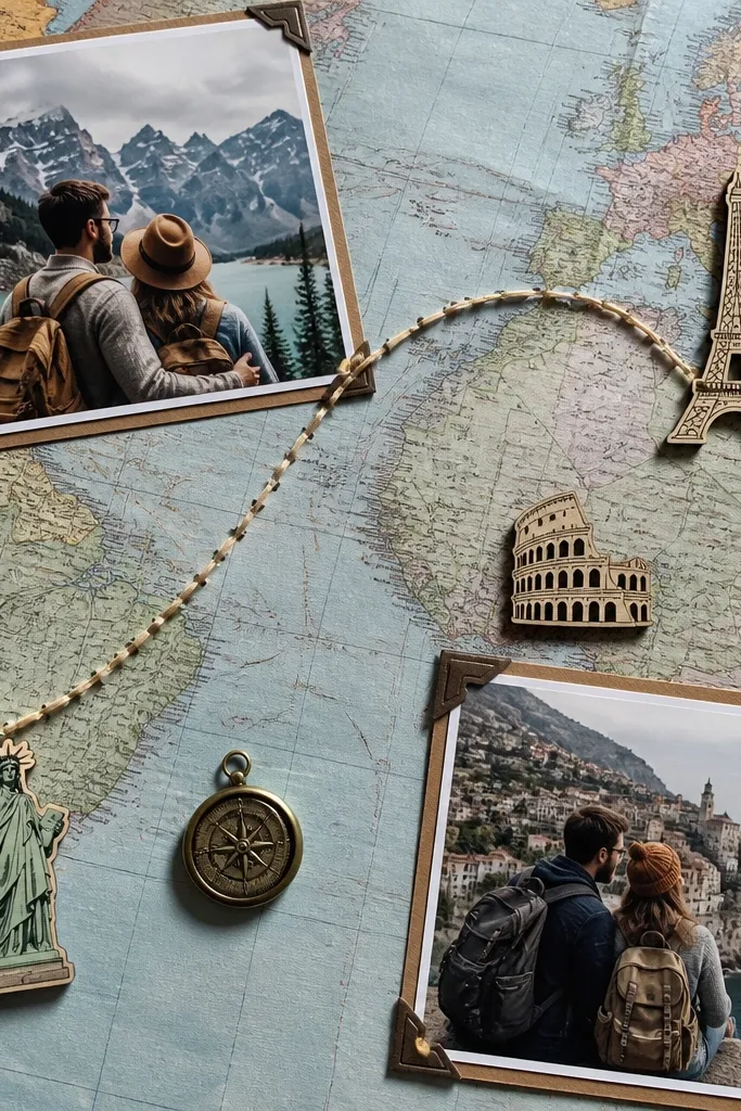 A mini map background with a stitched thread line connecting two photos